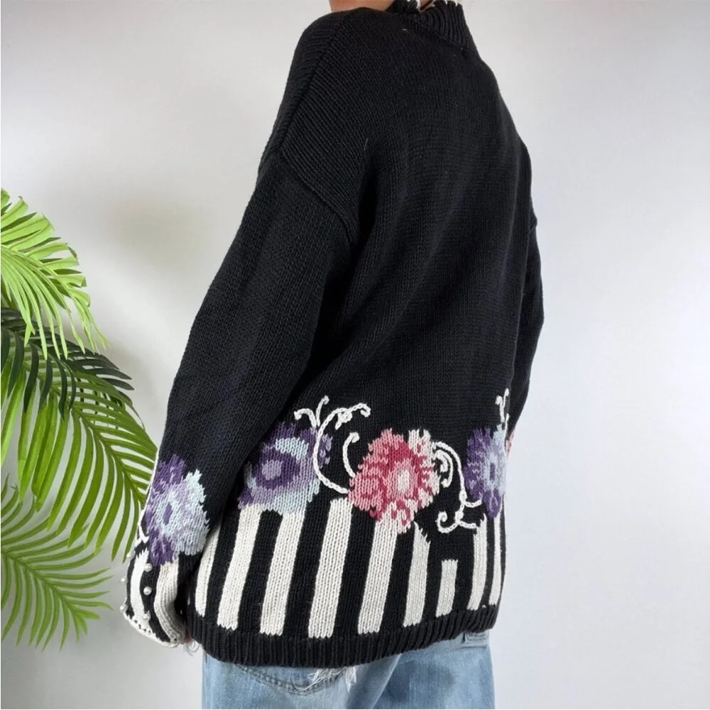 Women's Vintage Boaz Black Cottagecore Floral Oversized Knit Grandma Sweater / L